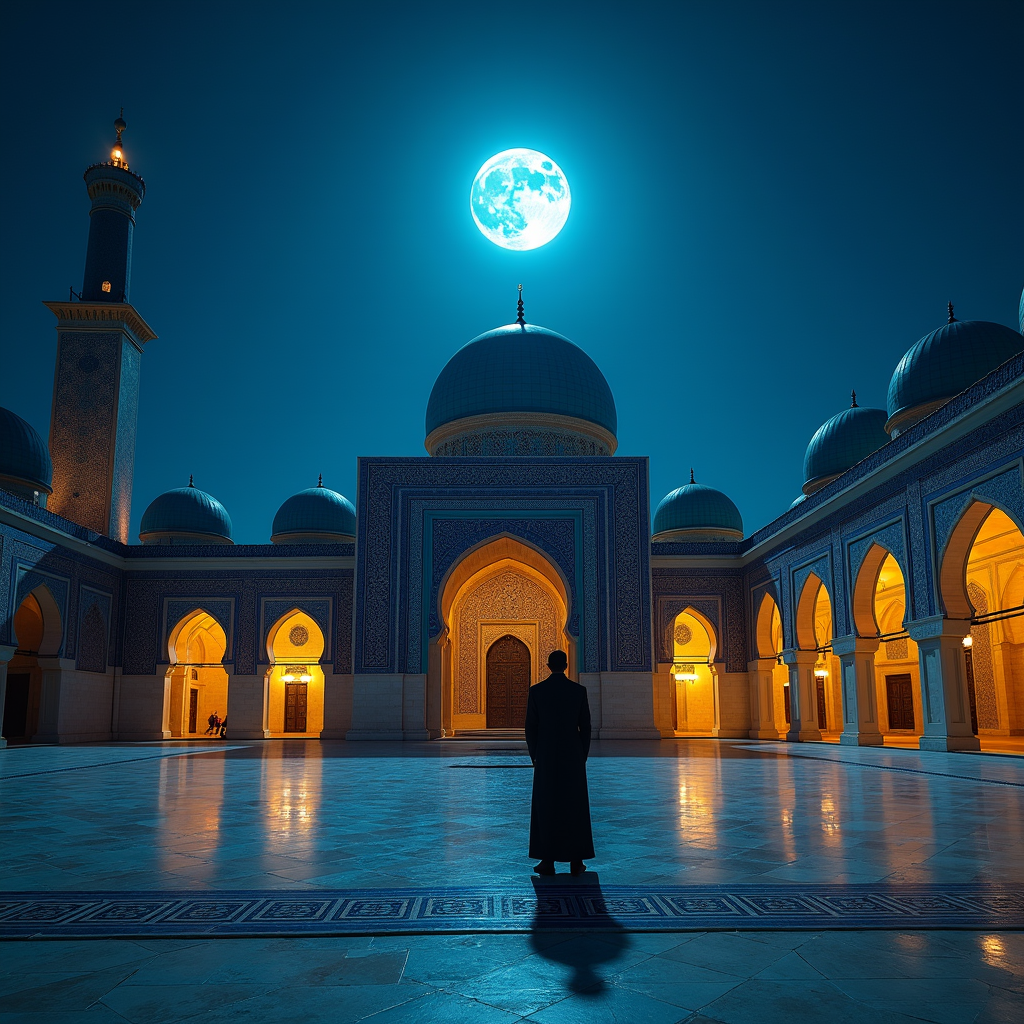 Under the luminous moon, a pilgrim's peace.